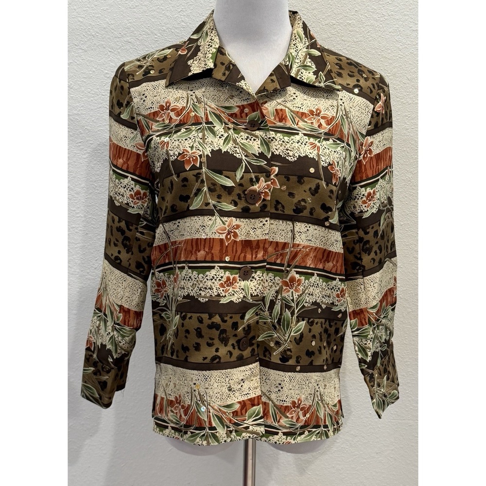 Vintage Silkland Women's Pure Silk Jacket Top Small Floral Leopard Sequins Lined
